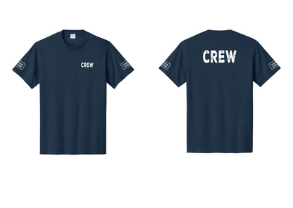 NYC Factory Custom Logo Crew T-Shirt, Rustic Lettering - Chest + Back + Your Logo Sleeves - Navy