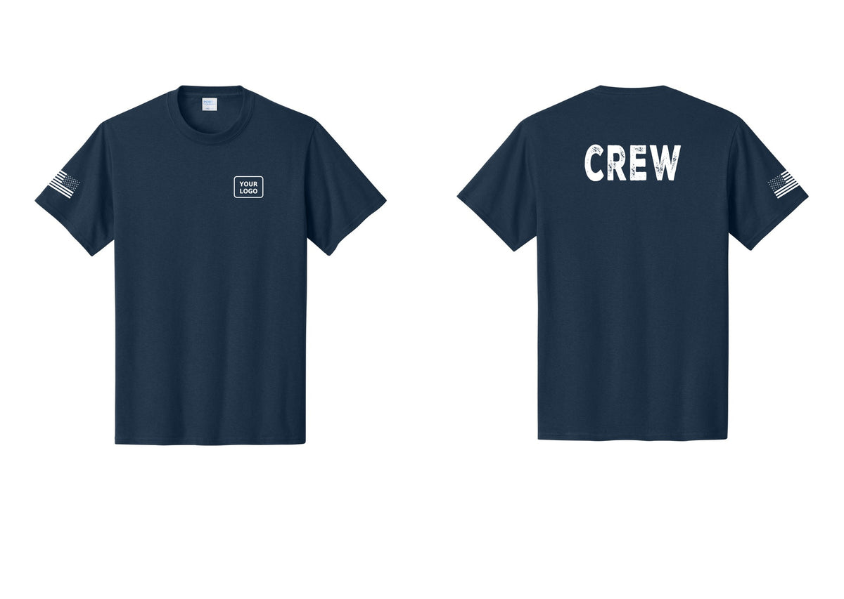 NYC Factory Custom Logo Crew T-Shirt, Rustic Lettering - Your Logo + Back + US Flag Sleeve - Navy