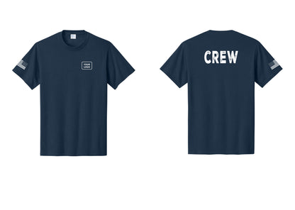 NYC Factory Custom Logo Crew T-Shirt, Rustic Lettering - Your Logo + Back + US Flag Sleeve - Navy