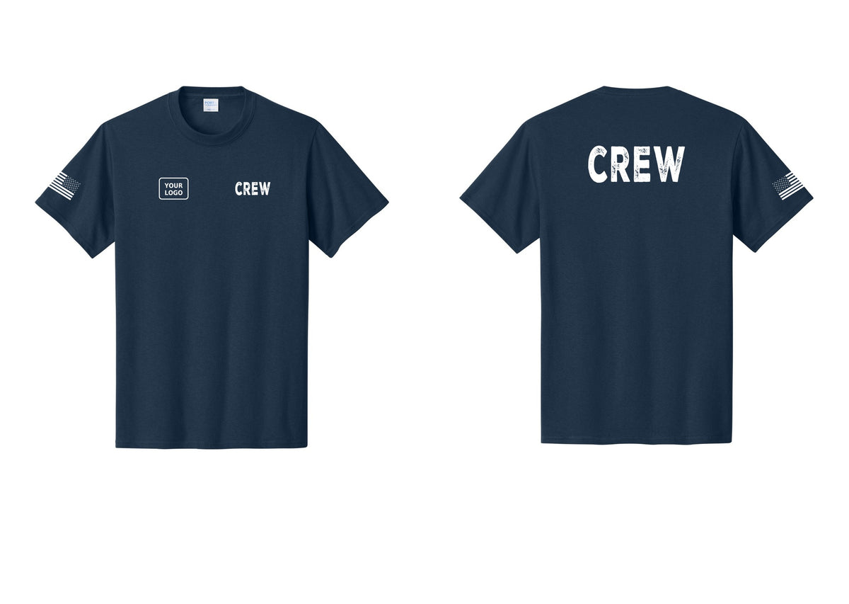 NYC Factory Custom Logo Crew T-Shirt, Rustic Lettering - CREW + Your Logo + Back + US Flag Sleeve - Navy
