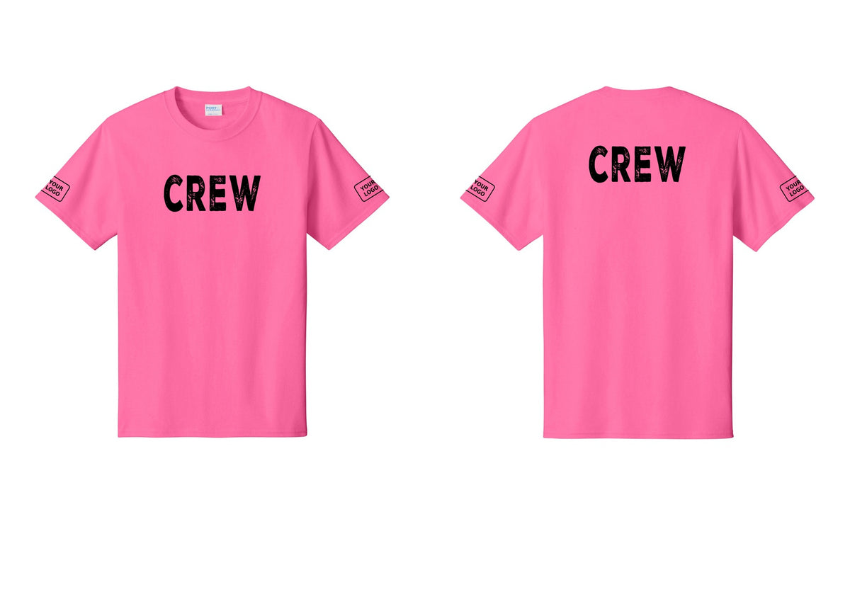 NYC Factory Custom Logo Crew T-Shirt, Rustic Lettering - Front + Back + Your Logo Sleeves - Neon Pink