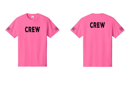 NYC Factory Custom Logo Crew T-Shirt, Rustic Lettering - Front + Back + Your Logo Sleeves - Neon Pink