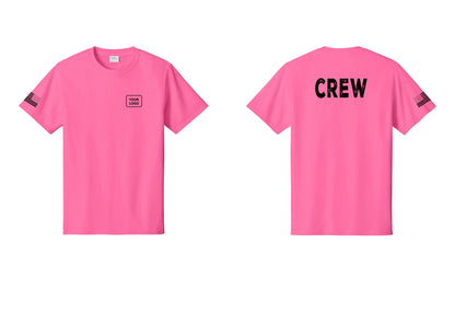 NYC Factory Custom Logo Crew T-Shirt, Rustic Lettering - Your Logo + Back + US Flag Sleeve - Neon Pink