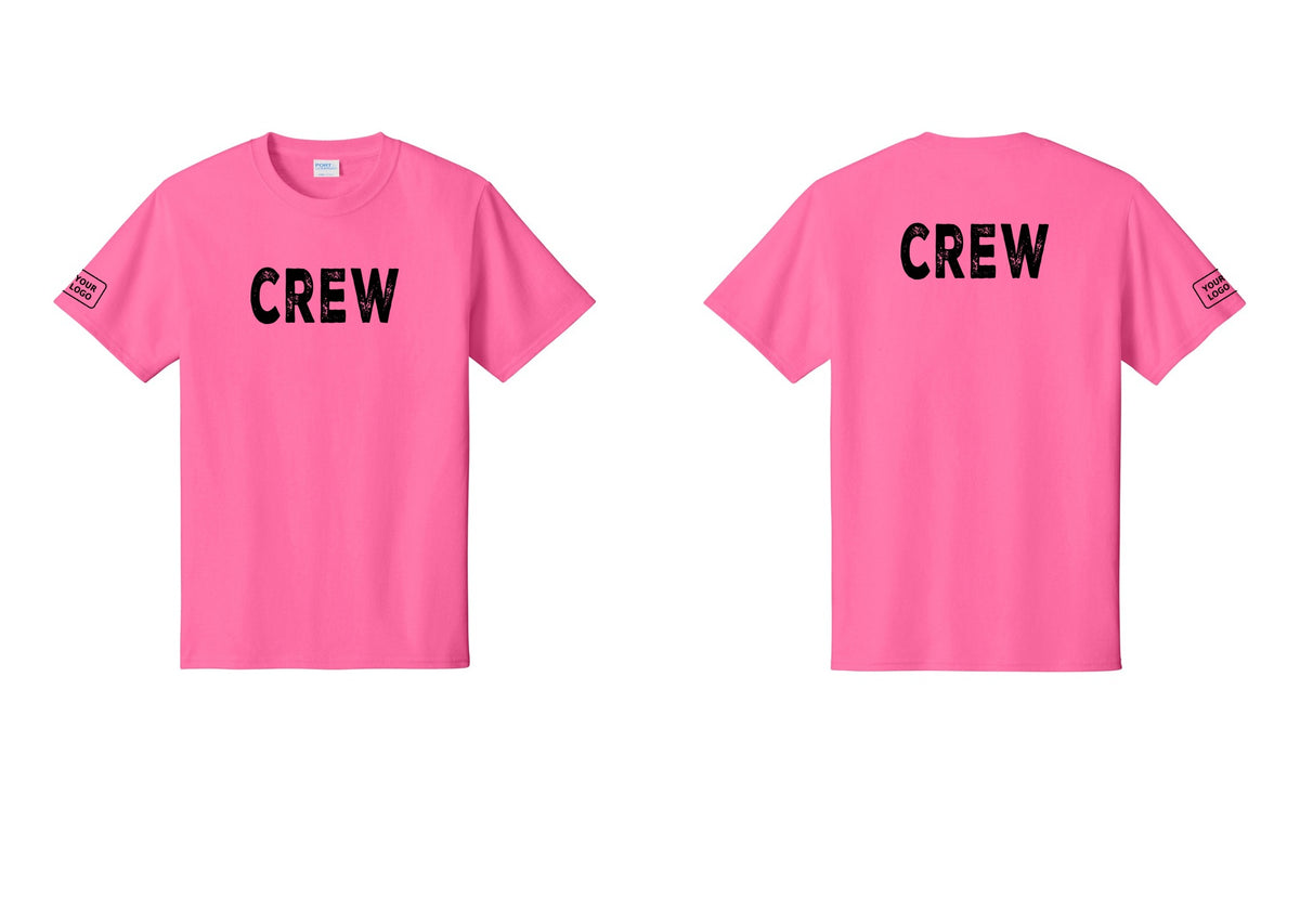 NYC Factory Custom Logo Crew T-Shirt, Rustic Lettering - Front + Back + Your Logo Sleeve - Neon Pink