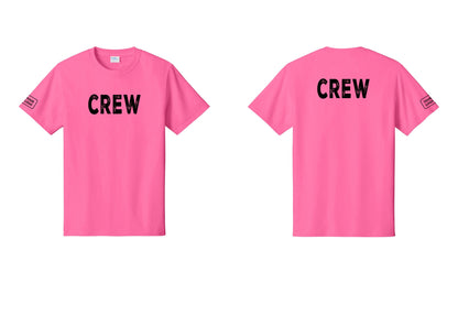 NYC Factory Custom Logo Crew T-Shirt, Rustic Lettering - Front + Back + Your Logo Sleeve - Neon Pink