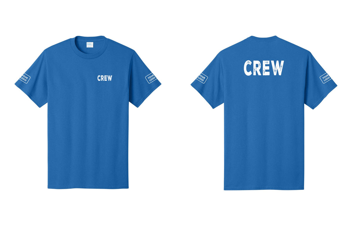NYC Factory Custom Logo Crew T-Shirt, Rustic Lettering - Chest + Back + Your Logo Sleeves - Royal