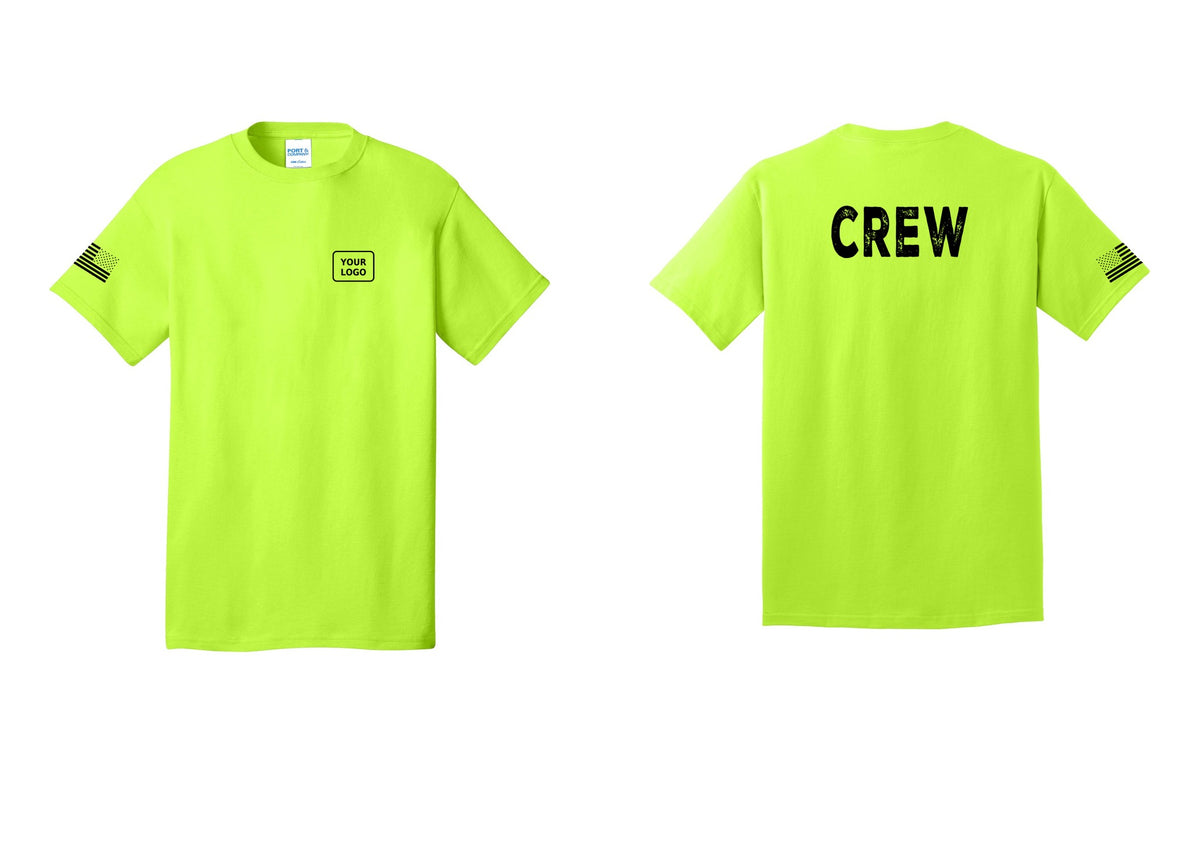 NYC Factory Custom Logo Crew T-Shirt, Rustic Lettering - Your Logo + Back + US Flag Sleeve - Safety Green