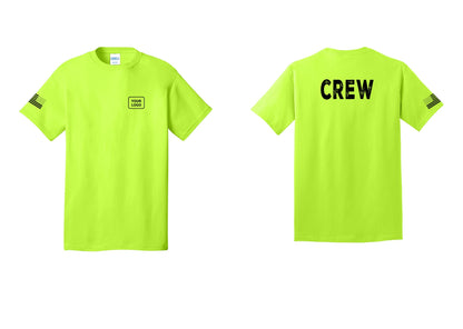 NYC Factory Custom Logo Crew T-Shirt, Rustic Lettering - Your Logo + Back + US Flag Sleeve - Safety Green