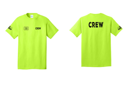 NYC Factory Custom Logo Crew T-Shirt, Rustic Lettering - CREW + Your Logo + Back + US Flag Sleeve - Safety Green