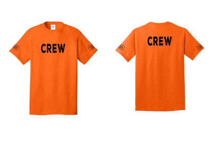 NYC Factory Custom Logo Crew T-Shirt, Rustic Lettering - Front + Back + Your Logo Sleeves - Safety Orange