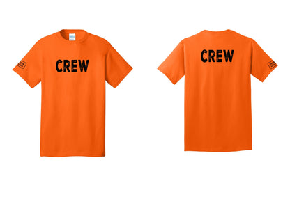 NYC Factory Custom Logo Crew T-Shirt, Rustic Lettering - Front + Back + Your Logo Sleeve - Safety Orange