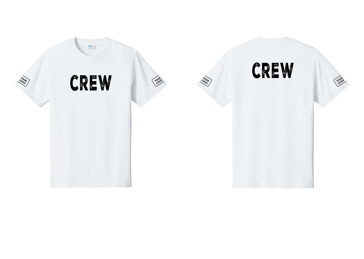 NYC Factory Custom Logo Crew T-Shirt, Rustic Lettering - Front + Back + Your Logo Sleeves - White