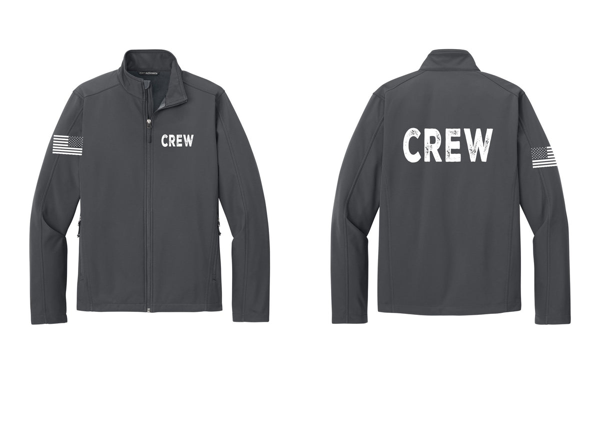 NYC Factory Crew Soft Shell Jacket for Event Staff & Production Teams (Rustic) - Chest + Back + US Flag Sleeve - Battleship Grey