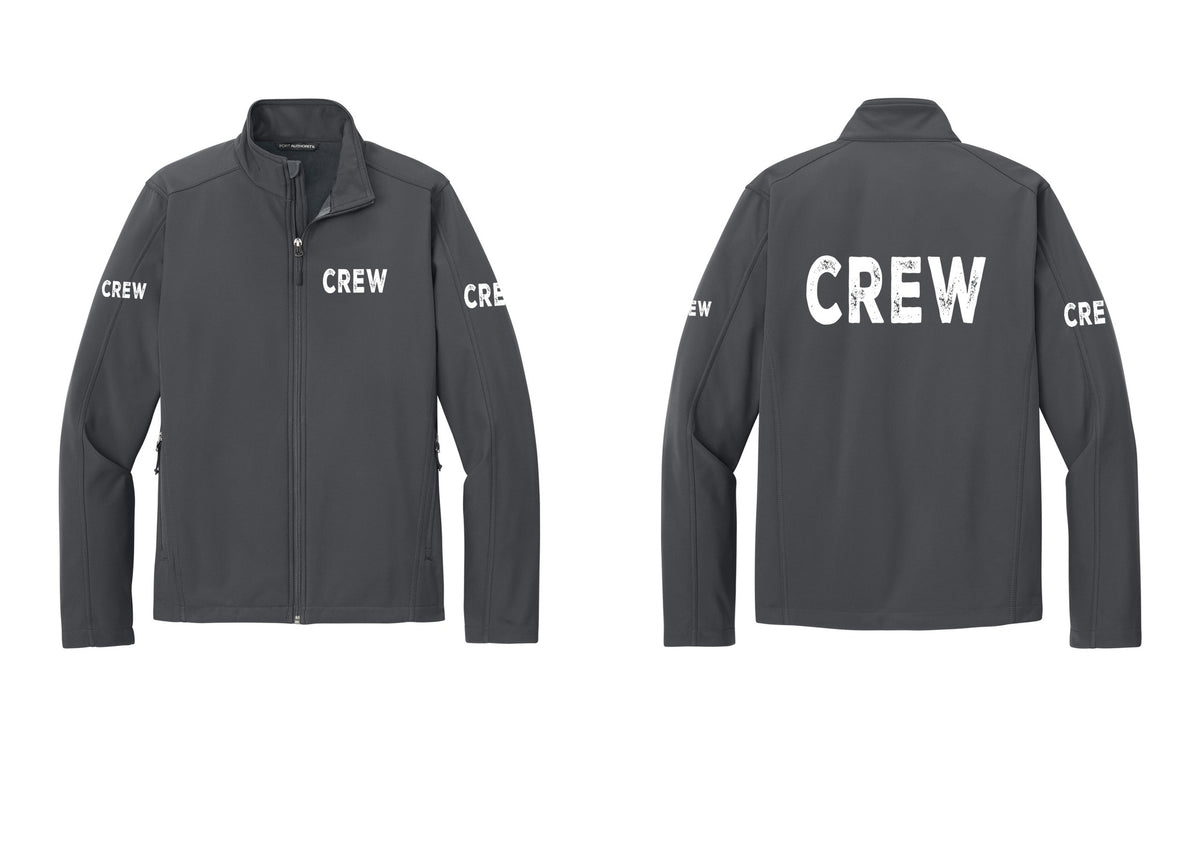 NYC Factory Crew Soft Shell Jacket for Event Staff & Production Teams (Rustic) - Chest + Back + Crew Sleeves - Battleship Grey