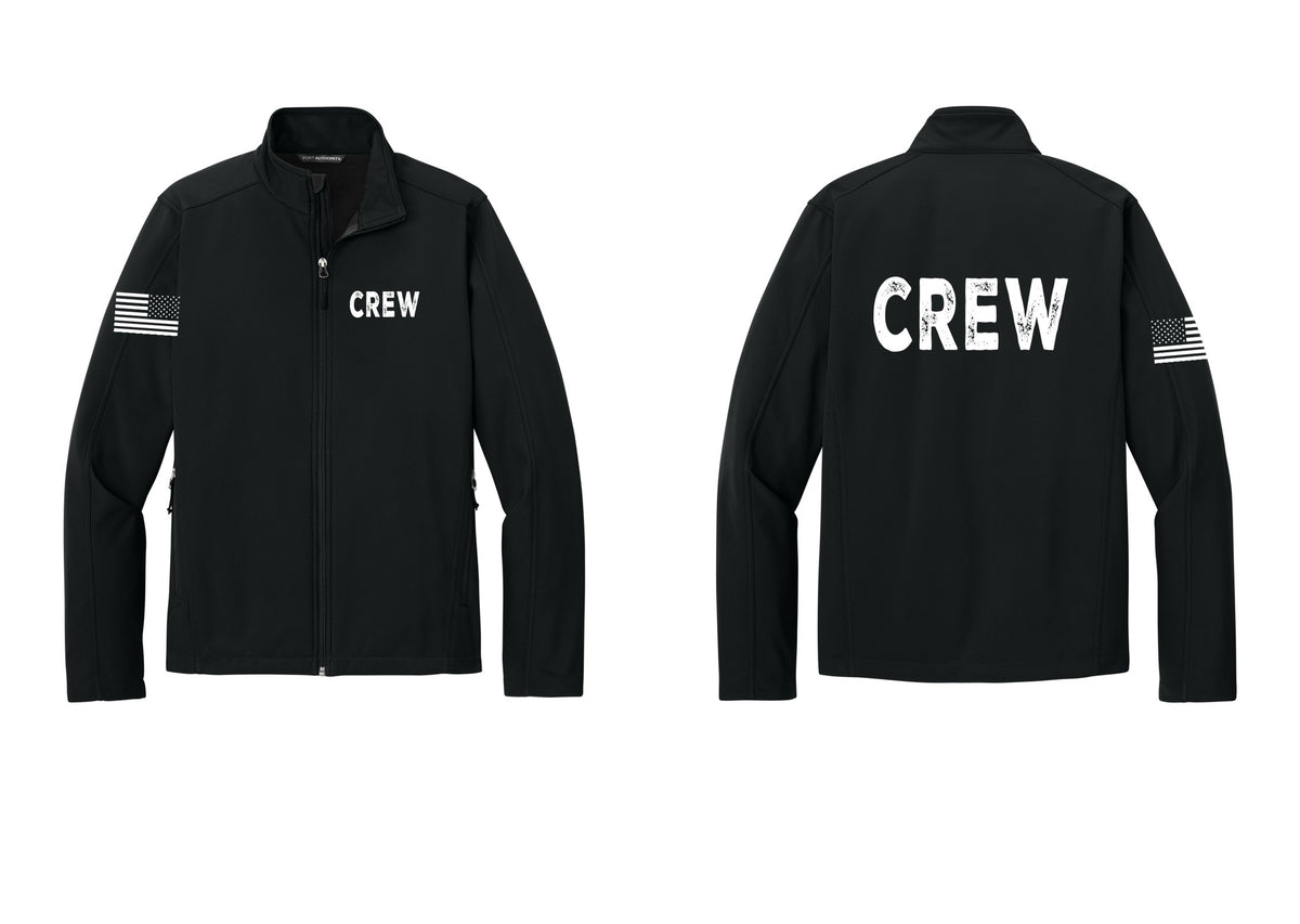 NYC Factory Crew Soft Shell Jacket for Event Staff & Production Teams (Rustic) - Chest + Back + US Flag Sleeve - Black
