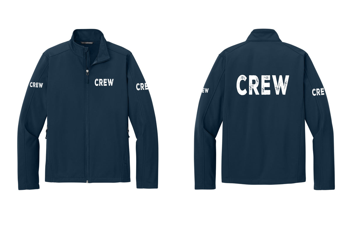 NYC Factory Crew Soft Shell Jacket for Event Staff & Production Teams (Rustic) - Chest + Back + Crew Sleeves - Dress Blue Navy