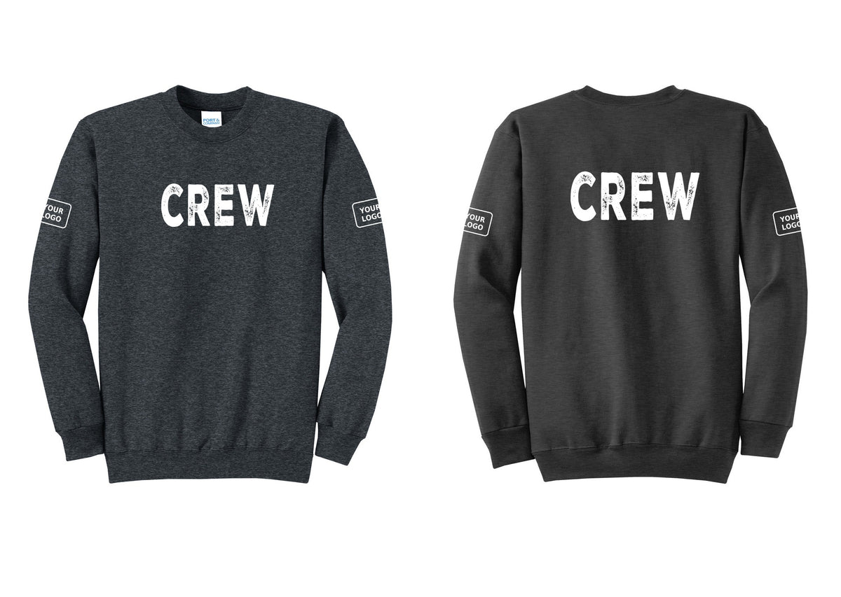 NYC Factory Custom Work Crew Uniform Cotton Fleece Crewneck Sweatshirt with Your Logo (Rustic) - Front + Back + Your Logo Sleeves - Dark Heather Grey