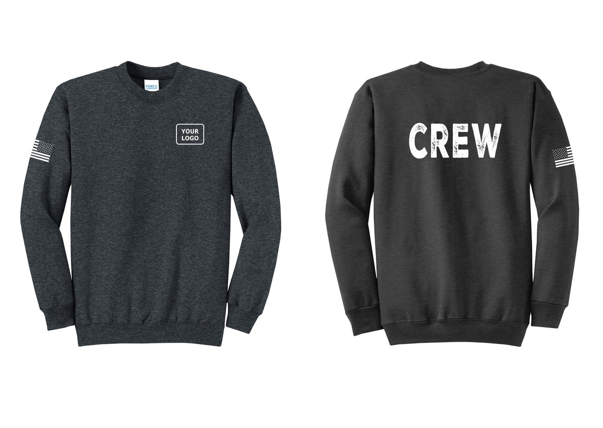 NYC Factory Custom Work Crew Uniform Cotton Fleece Crewneck Sweatshirt with Your Logo (Rustic) - Your Logo + Back + US Flag Sleeve - Dark Heather Grey