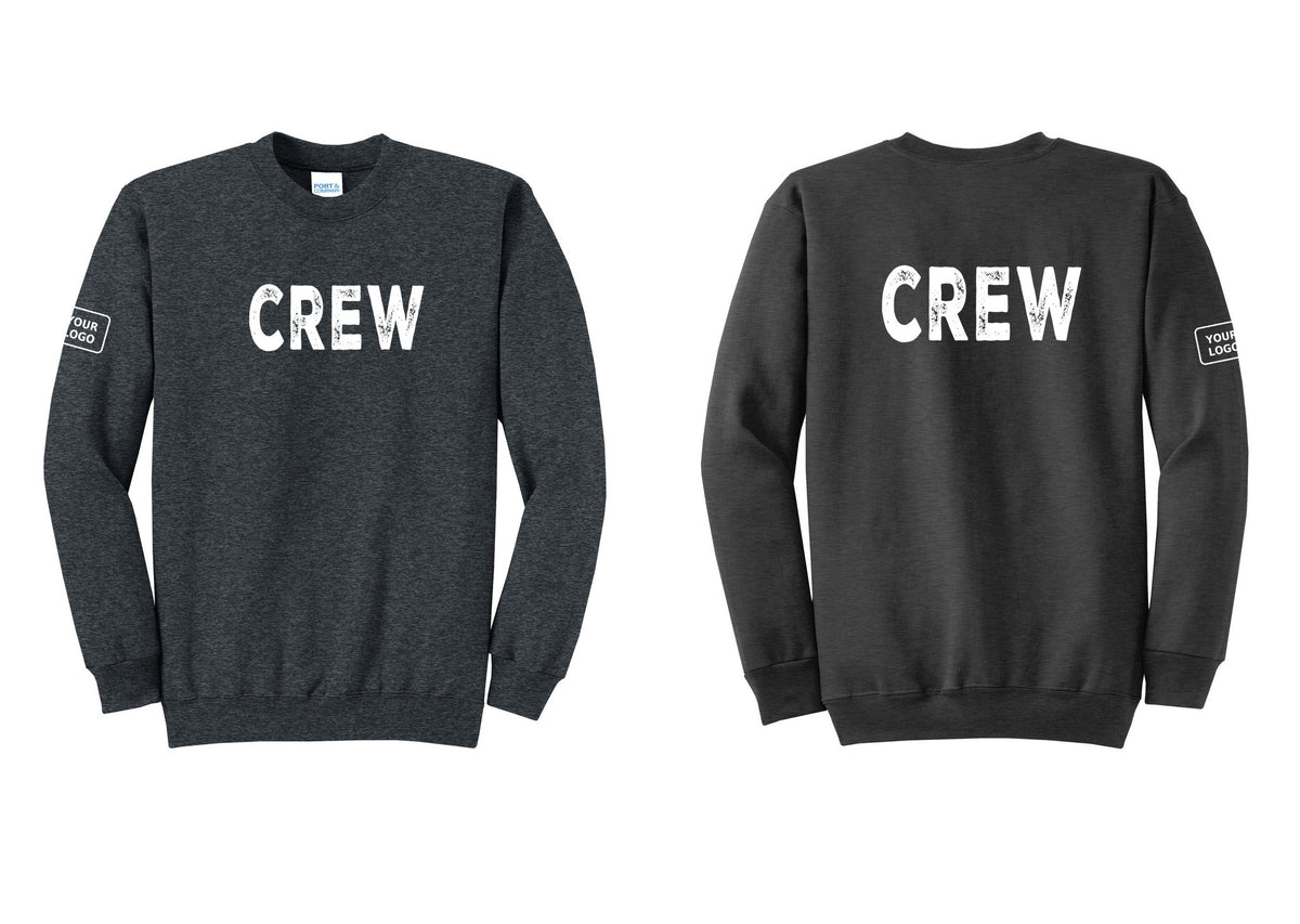 NYC Factory Custom Work Crew Uniform Cotton Fleece Crewneck Sweatshirt with Your Logo (Rustic) - Front + Back + Your Logo Sleeve - Dark Heather Grey