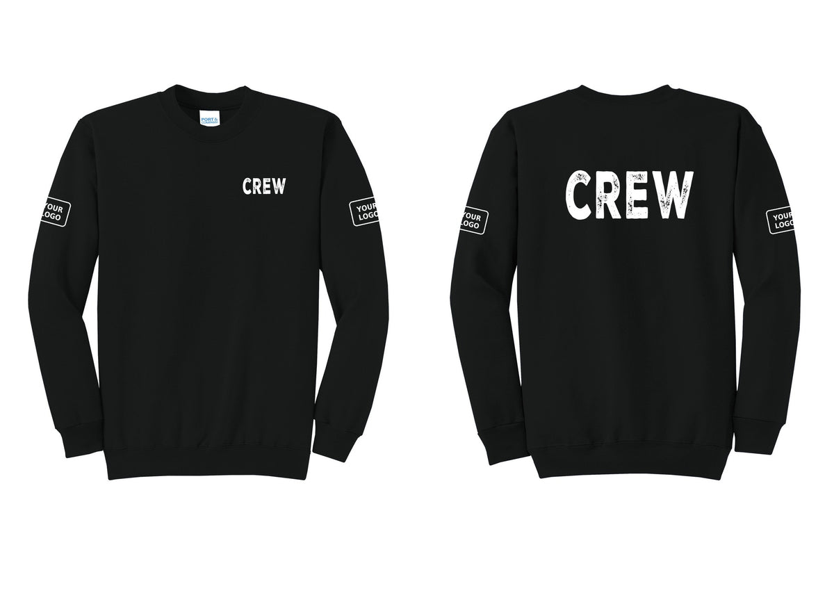 NYC Factory Custom Work Crew Uniform Cotton Fleece Crewneck Sweatshirt with Your Logo (Rustic) - Chest + Back + Your Logo Sleeves - Black
