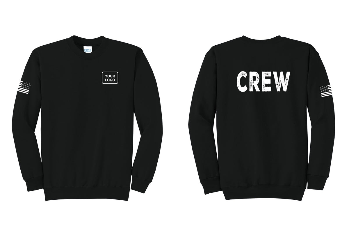 NYC Factory Custom Work Crew Uniform Cotton Fleece Crewneck Sweatshirt with Your Logo (Rustic) - Your Logo + Back + US Flag Sleeve - Black