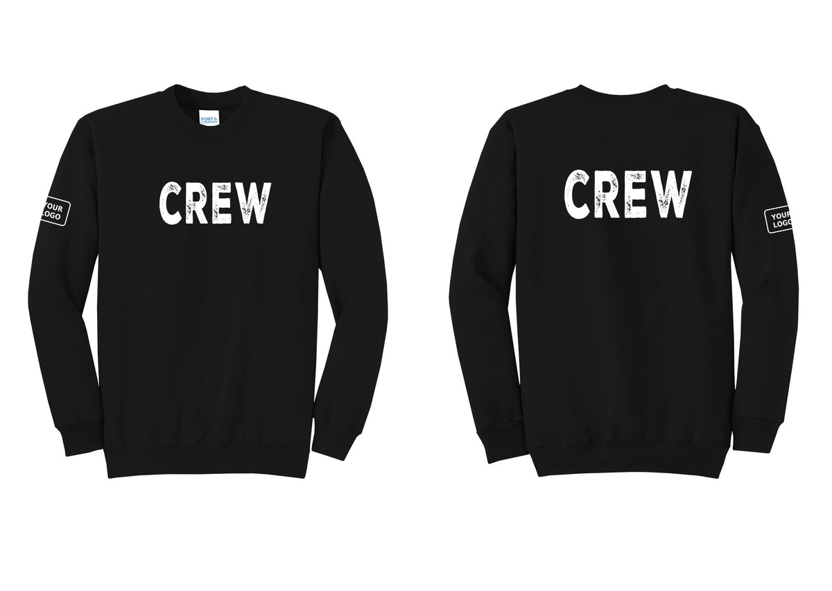 NYC Factory Custom Work Crew Uniform Cotton Fleece Crewneck Sweatshirt with Your Logo (Rustic) - Front + Back + Your Logo Sleeve - Black