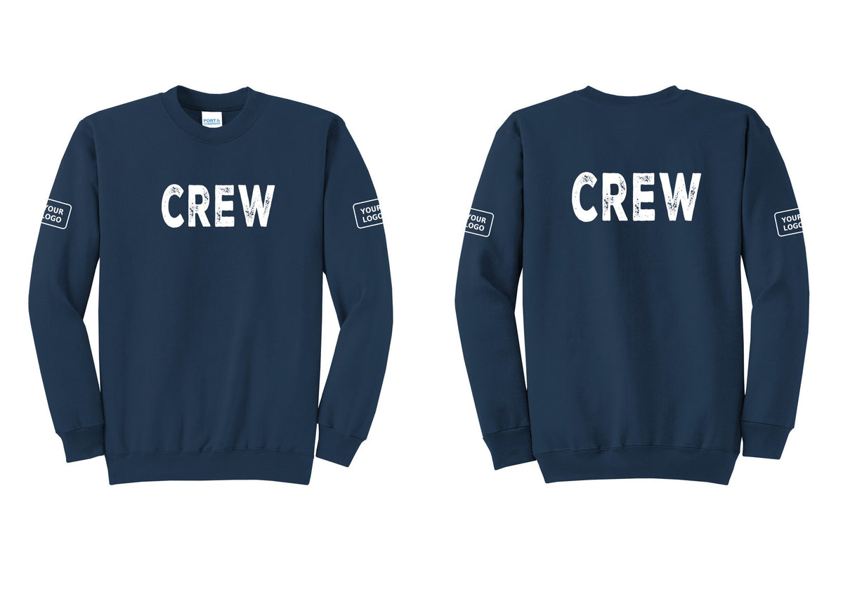 NYC Factory Custom Work Crew Uniform Cotton Fleece Crewneck Sweatshirt with Your Logo (Rustic) - Front + Back + Your Logo Sleeves - Navy