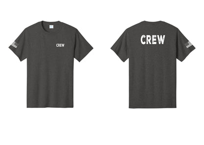 NYC Factory Crew T-Shirt for Event Staff & Production Teams (Rustic) - Chest + Back + US Flag Sleeve - Dark Heather Grey