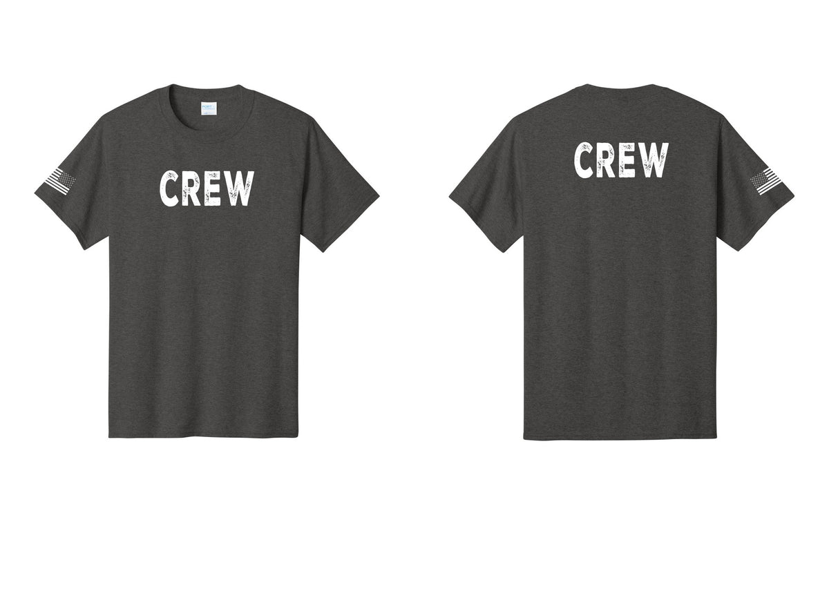 NYC Factory Crew T-Shirt, Rustic Lettering - Front + Back + US Flag Sleeve - Dark Heather Grey