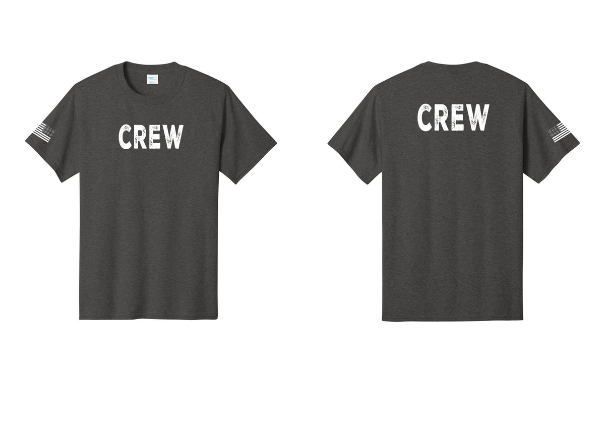 NYC Factory Crew T-Shirt for Event Staff & Production Teams (Rustic) - Front + Back + US Flag Sleeve - Dark Heather Grey