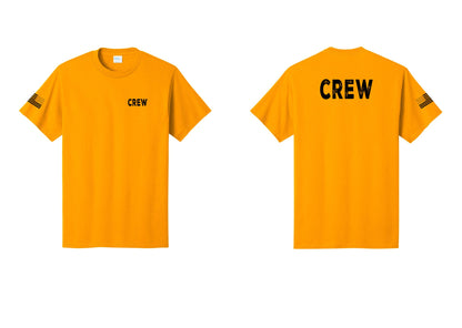 NYC Factory Crew T-Shirt, Rustic Lettering - Chest + Back + US Flag Sleeve - Gold
