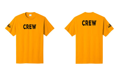 NYC Factory Crew T-Shirt for Event Staff & Production Teams (Rustic) - Front + Back + US Flag Sleeve - Gold