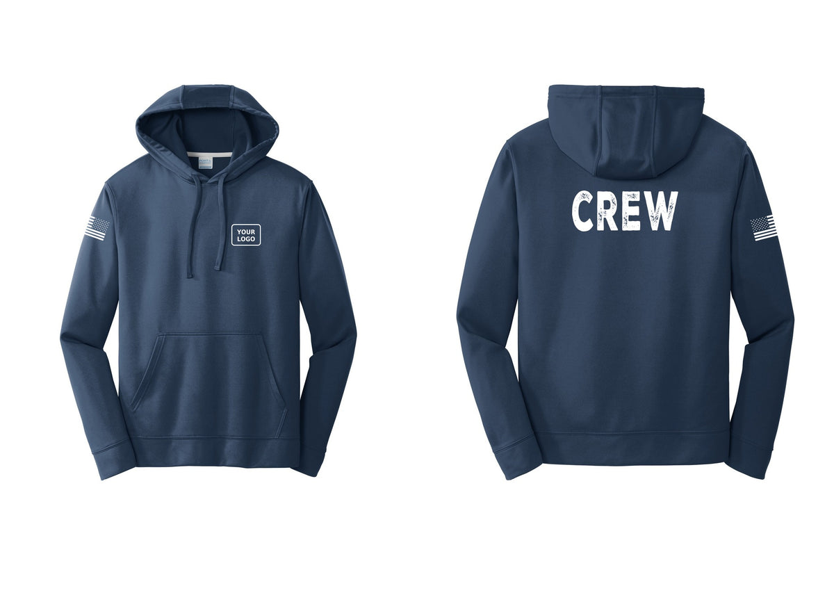 NYC Factory Custom Work Crew Uniform Performance Hooded Fleece Pullover Sweatshirt with Your Logo (Rustic) - Your Logo + Back + US Flag Sleeve - Navy