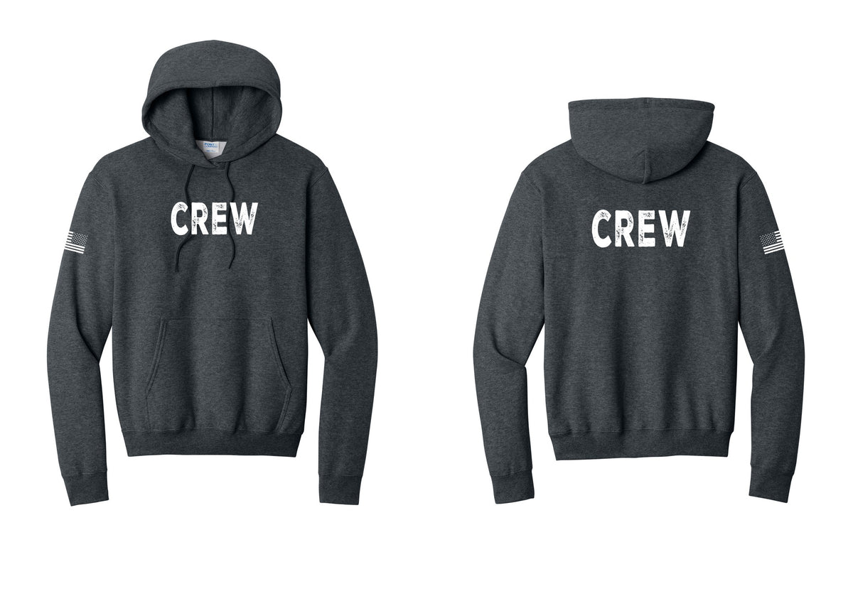 NYC Factory Crew Cotton Fleece Pullover Hoodie for Event Staff & Production Teams (Rustic) - Front + Back + US Flag Sleeve - Dark Heather Grey