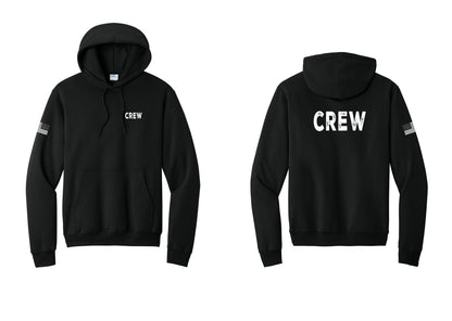 NYC Factory Crew Cotton Fleece Pullover Hoodie for Event Staff & Production Teams (Rustic) - Chest + Back + US Flag Sleeve - Black