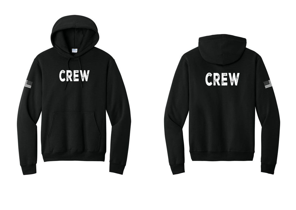 NYC Factory Crew Cotton Fleece Pullover Hoodie for Event Staff & Production Teams (Rustic) - Front + Back + US Flag Sleeve - Black