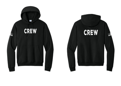 NYC Factory Crew Cotton Fleece Pullover Hoodie for Event Staff & Production Teams (Rustic) - Front + Back + US Flag Sleeve - Black