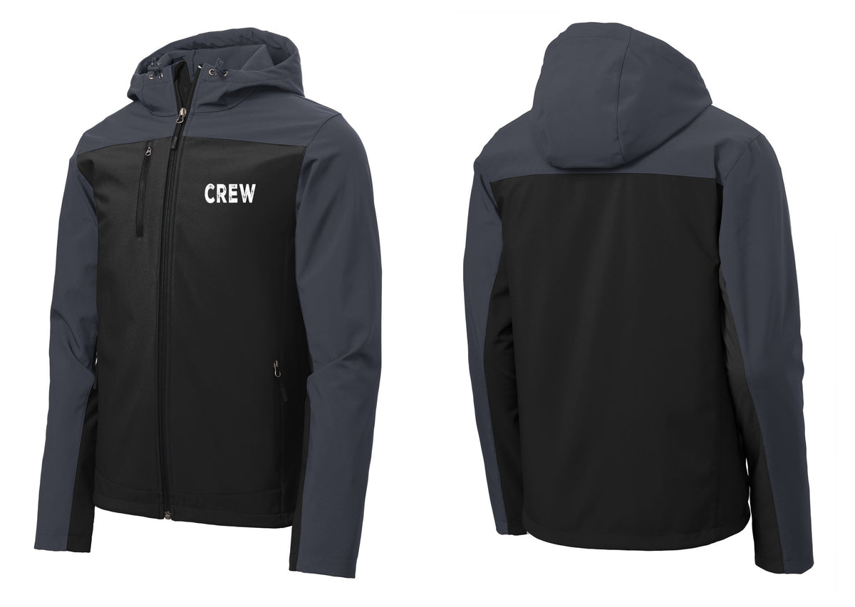 NYC Factory Crew Hooded Soft Shell Jacket for Event Staff & Production Teams (Rustic) - Chest Only - Black / Battleship Grey