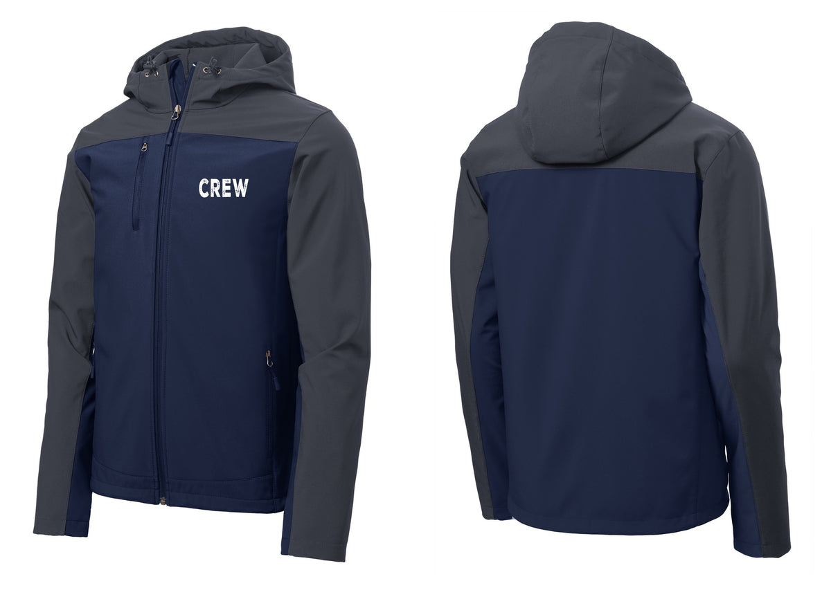 NYC Factory Crew Hooded Soft Shell Jacket for Event Staff & Production Teams (Rustic) - Chest Only - Dress Blue Navy / Battleship Grey