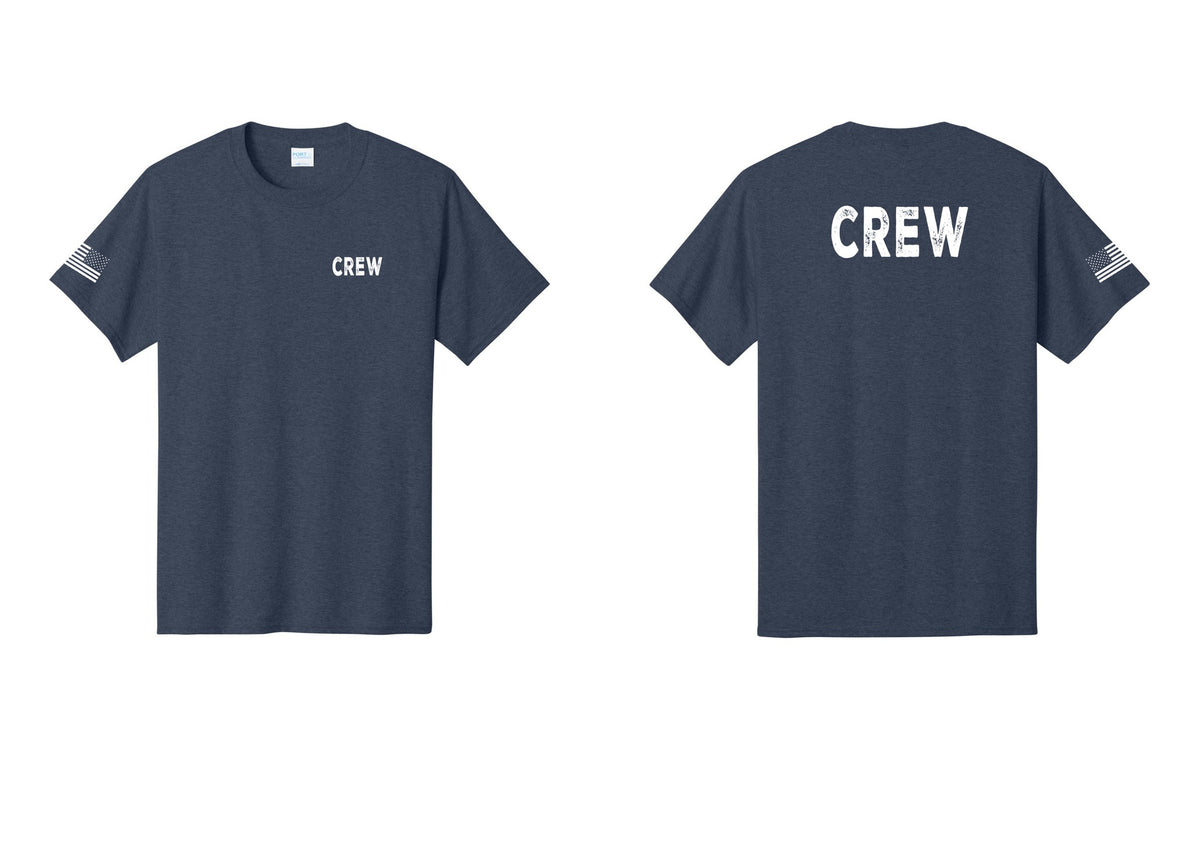 NYC Factory Crew T-Shirt, Rustic Lettering - Chest + Back + US Flag Sleeve - Heather Navy