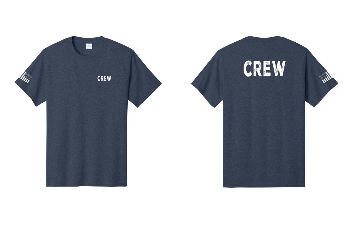 NYC Factory Crew T-Shirt for Event Staff & Production Teams (Rustic) - Chest + Back + US Flag Sleeve - Heather Navy