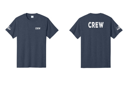 NYC Factory Crew T-Shirt for Event Staff & Production Teams (Rustic) - Chest + Back + US Flag Sleeve - Heather Navy