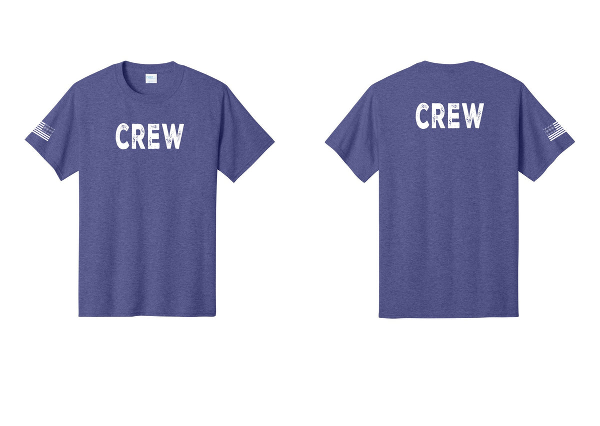 NYC Factory Crew T-Shirt, Rustic Lettering - Front + Back + US Flag Sleeve - Heather Purple