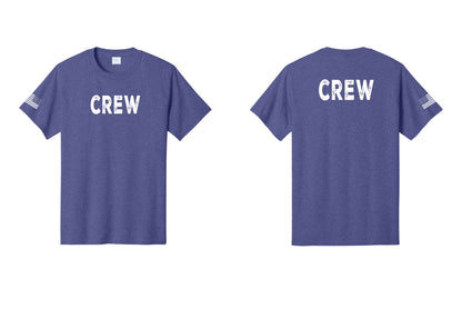 NYC Factory Crew T-Shirt for Event Staff & Production Teams (Rustic) - Front + Back + US Flag Sleeve - Heather Purple