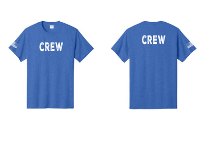 NYC Factory Crew T-Shirt, Rustic Lettering - Front + Back + US Flag Sleeve - Heather Royal