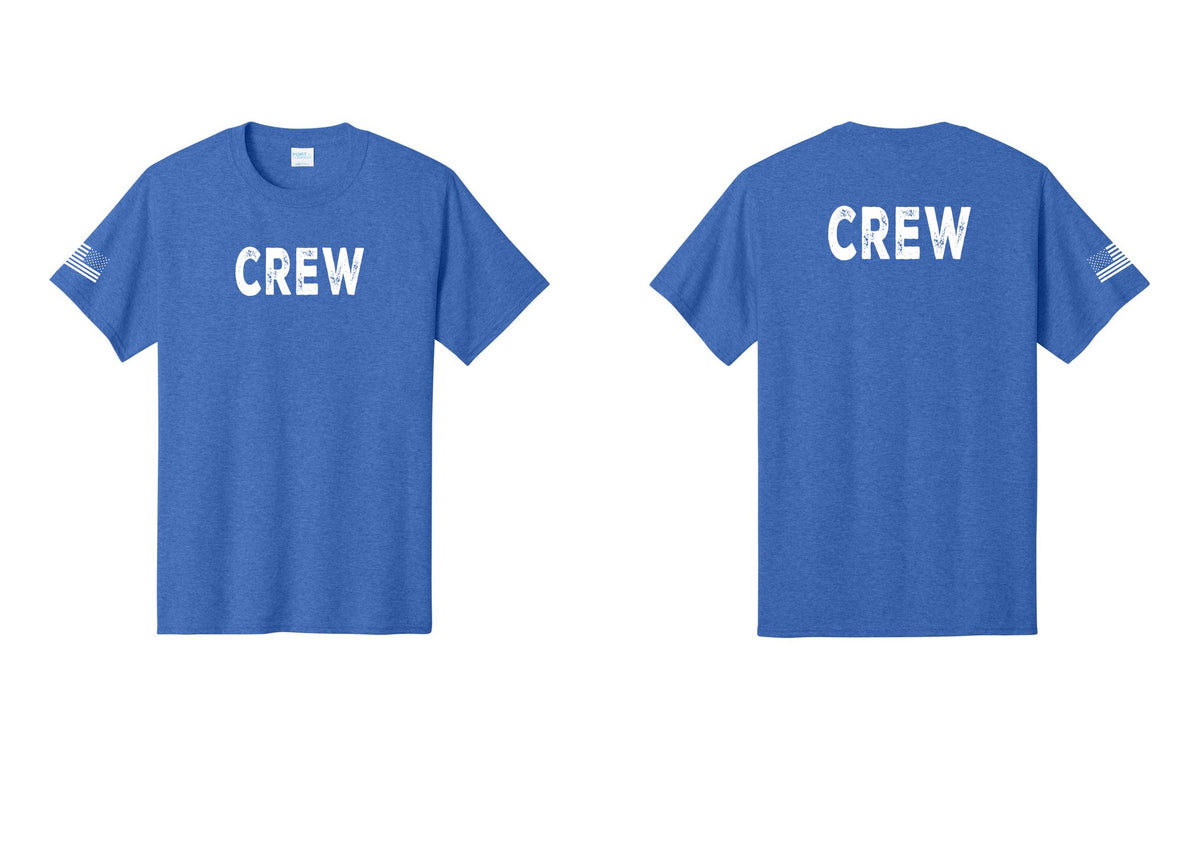 NYC Factory Crew T-Shirt for Event Staff & Production Teams (Rustic) - Front + Back + US Flag Sleeve - Heather Royal