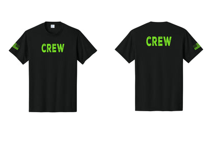 NYC Factory Crew T-Shirt for Event Staff & Production Teams (Rustic) - Front + Back + US Flag Sleeve - Black / Neon