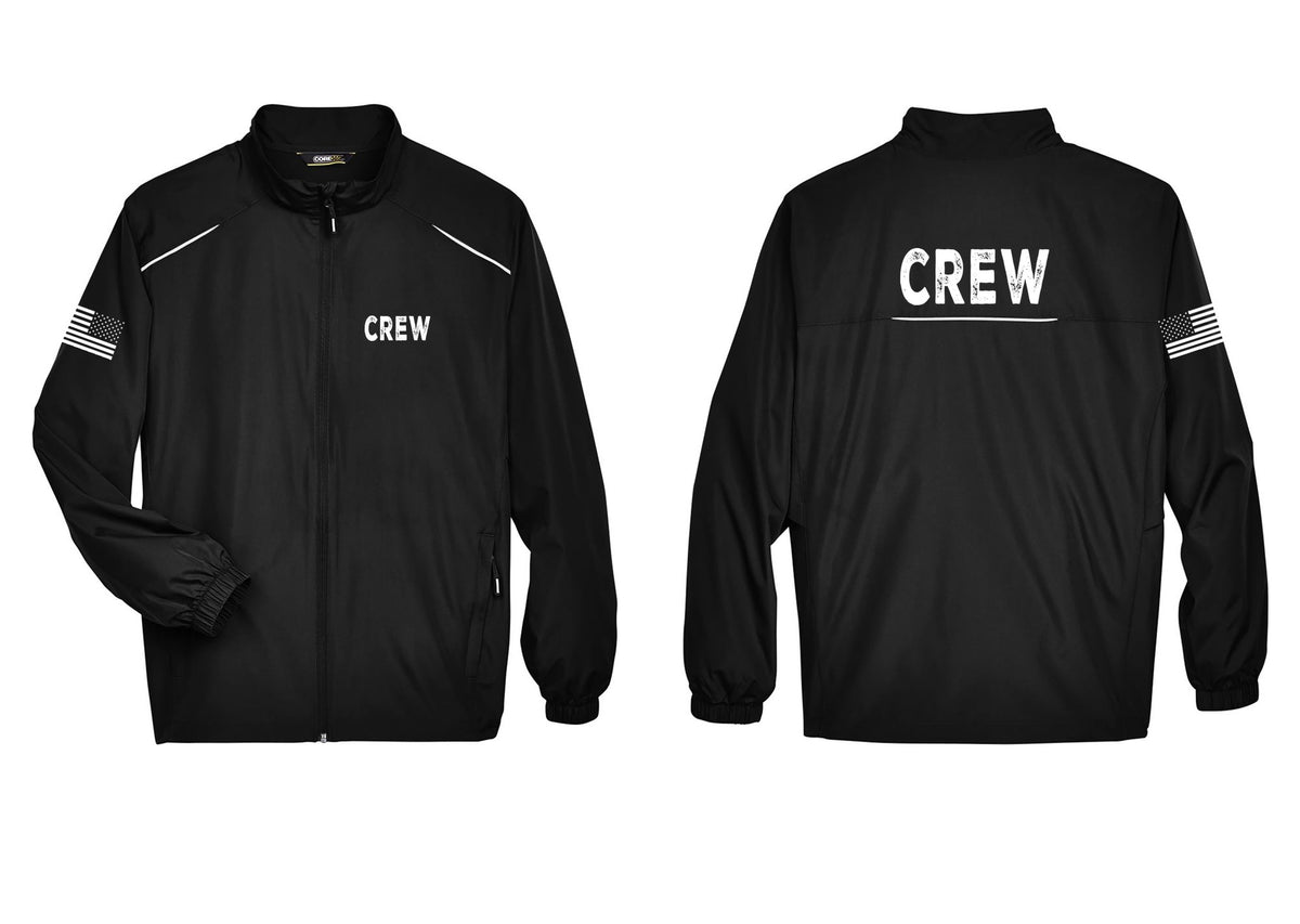 NYC Factory Crew Reflective Lightweight Jacket for Event Staff & Production Teams (Rustic) - Chest + Back + US Flag Sleeve - Black