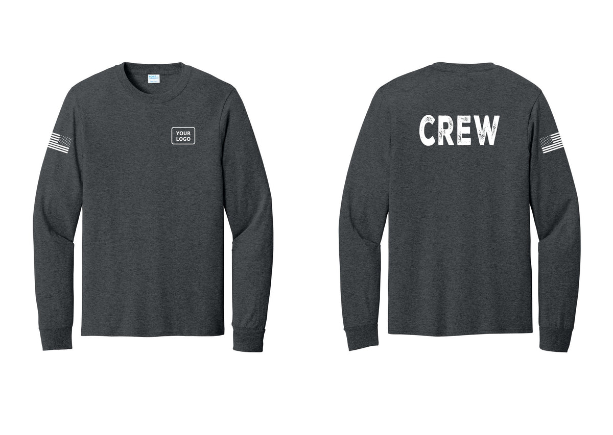 NYC Factory Custom Work Crew Uniform Cotton Long Sleeve Tee with Your Logo (Rustic) - Your Logo + Back + US Flag Sleeve - Dark Heather Grey