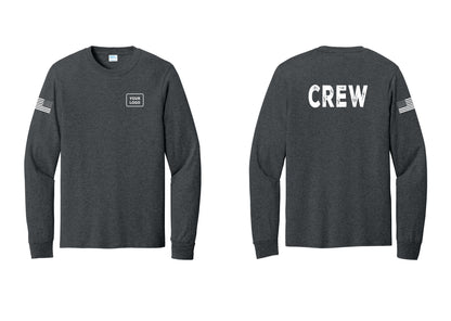 NYC Factory Custom Work Crew Uniform Cotton Long Sleeve Tee with Your Logo (Rustic) - Your Logo + Back + US Flag Sleeve - Dark Heather Grey
